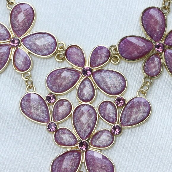 Purple Floral Statement Necklace | Gold-Tone Chain - Picture 2 of 5